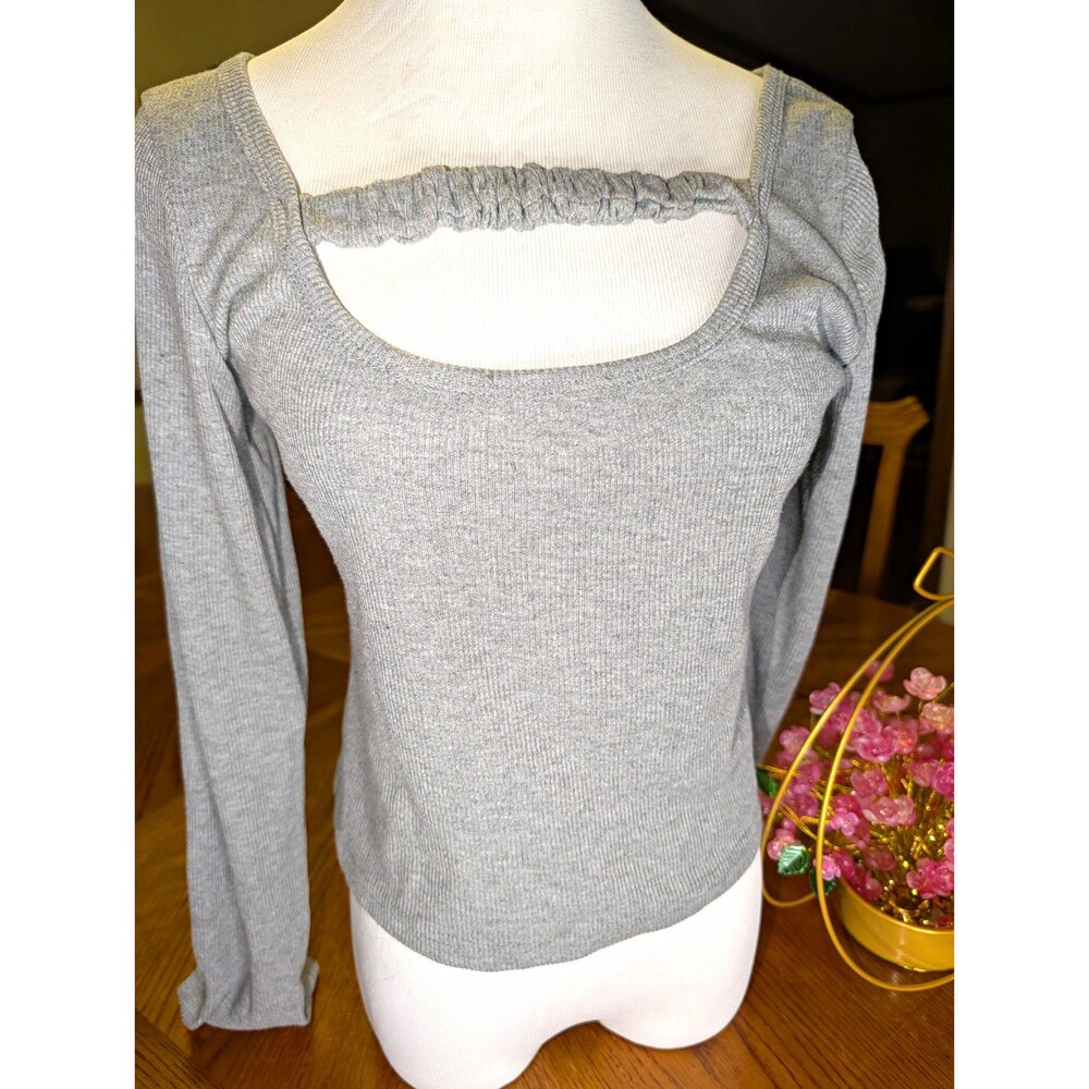 Women's Gray Ribbed Knit Square Neck Long Sleeve Stretch Pullover Sweater L